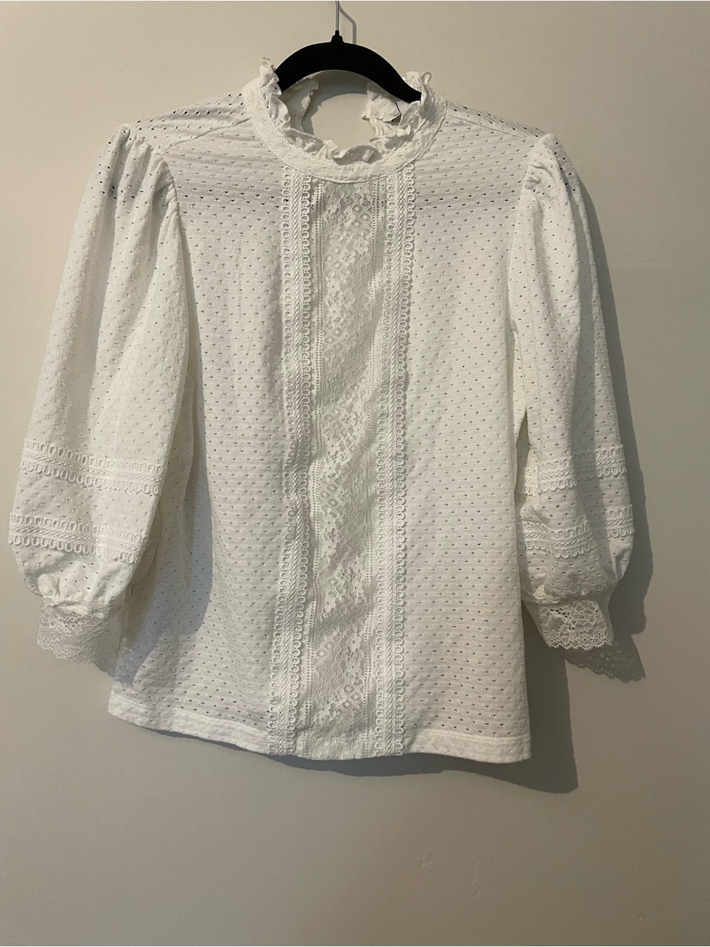 White Eyelet Lace Blouse with Ruffle Neck